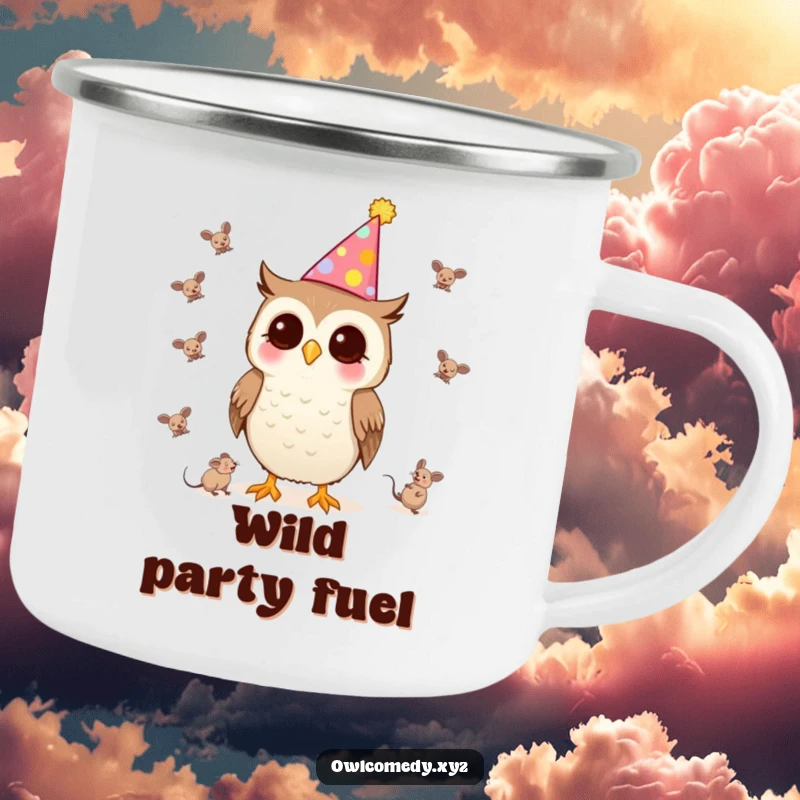 Funny Kawaii Owl Camping Mug with a party hat, juggling tiny mice, ready for outdoor parties.