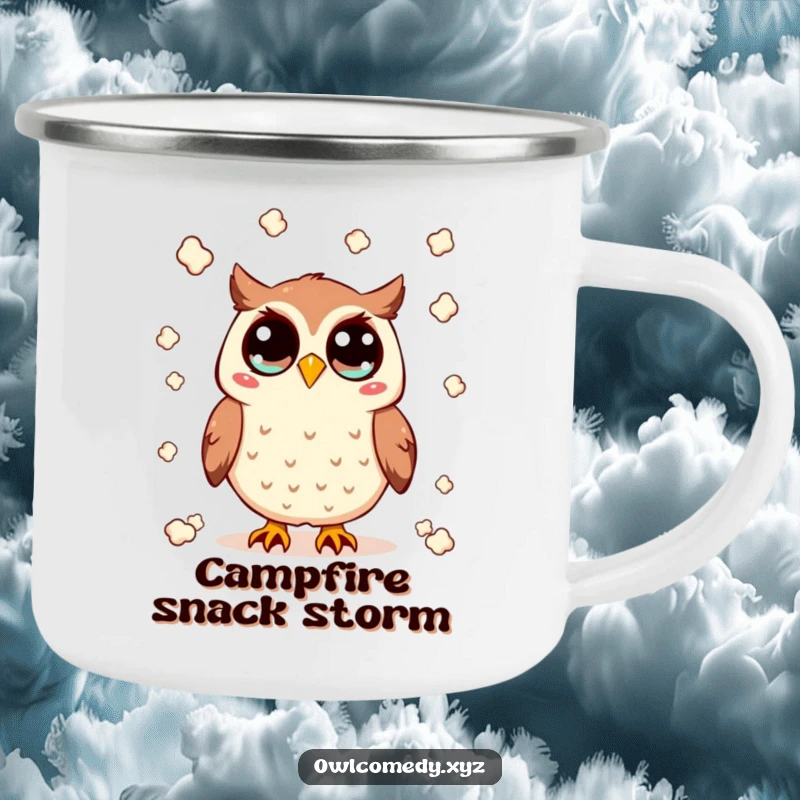 Funny Kawaii owl camping mug with wide eyes, tossing popcorn, built for adventure and bringing humorous movie vibes, great outdoors gift.