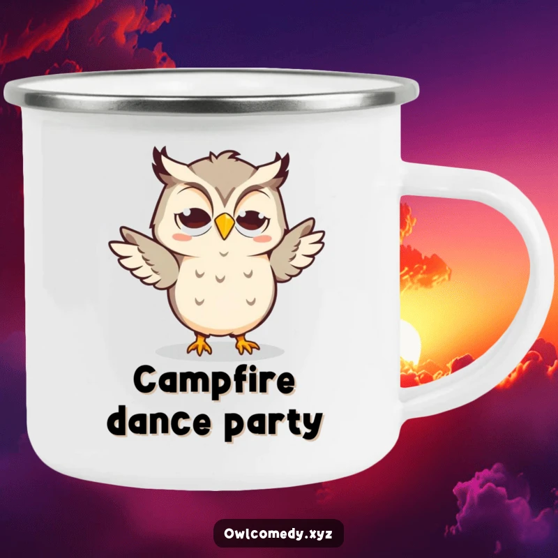 Funny Kawaii Owl Camping Mug with a goofy grin, doing a silly dance, ready for outdoor fun.