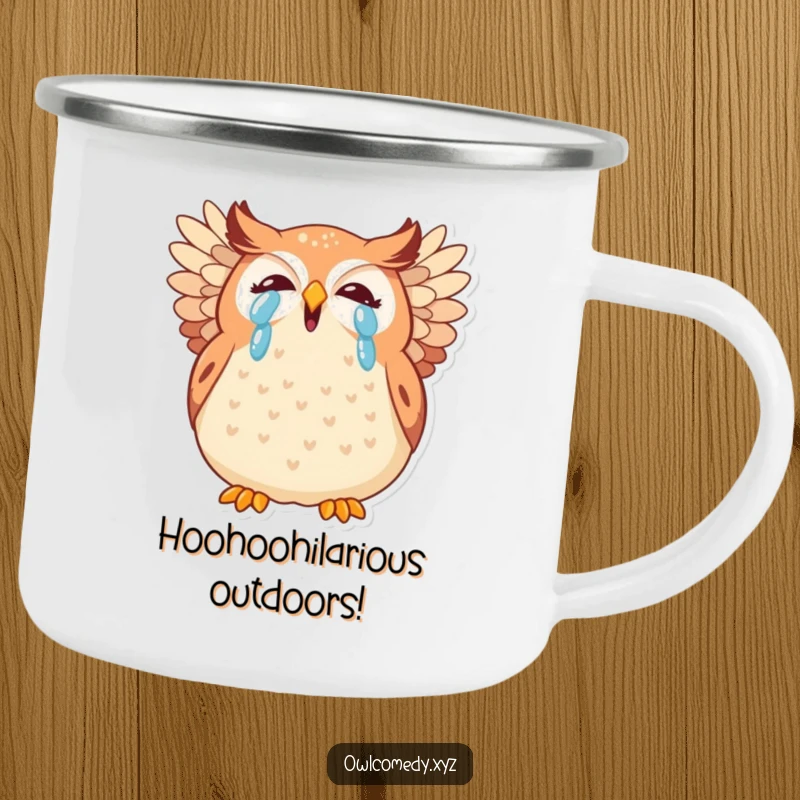 Funny kawaii owl camping mug, a plump, tearful owl giggling heartily, wings spread, perfect for outdoor brews.