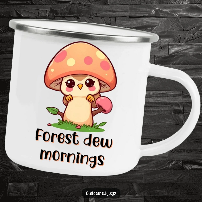 Funny kawaii owl peeking from behind a large, colorful mushroom, on a sturdy camping mug.
