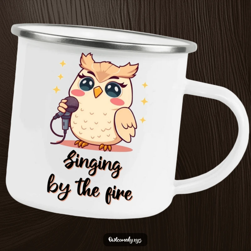 Funny Kawaii owl singing into a microphone on a sturdy camping mug, ready for outdoor performances.