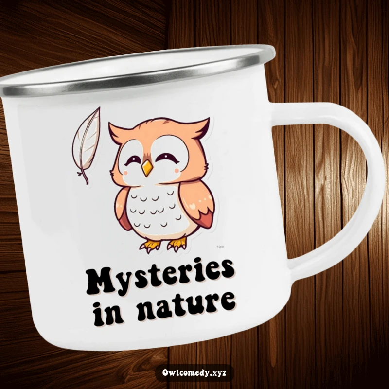 Funny Kawaii owl camping mug, owl surprised by a feather outdoors, whimsical, durable, humorous, travel mug.