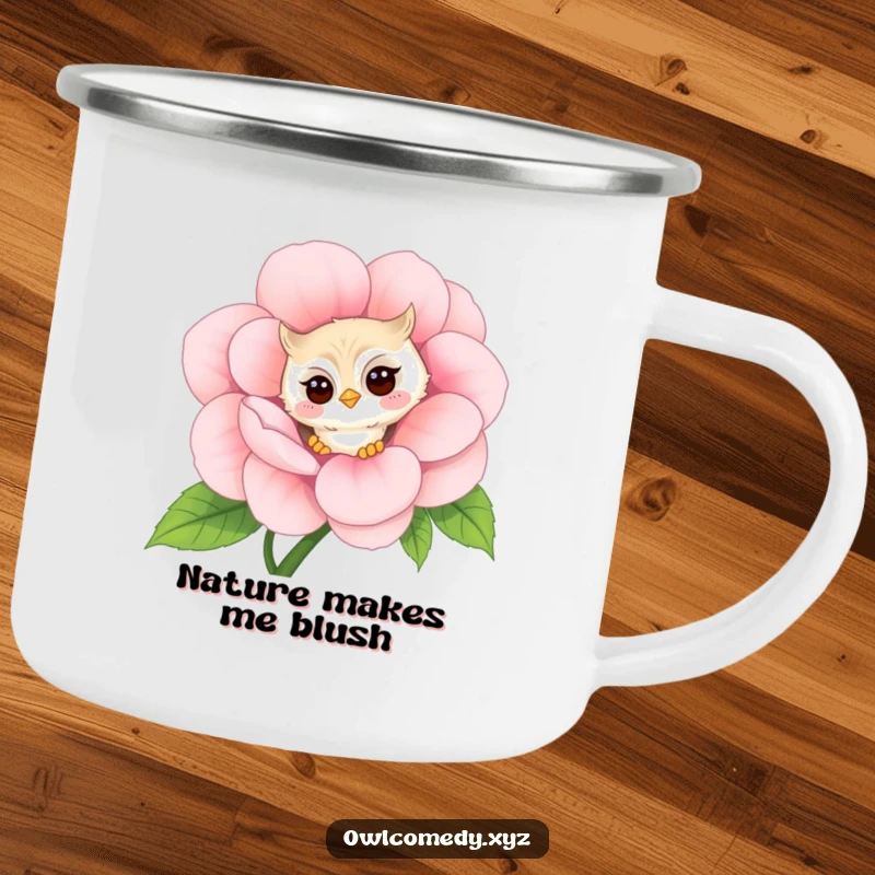 Funny shy kawaii owl camping mug, peeking around a giant flower with a faint blush, a humorous enamel mug for outdoors.