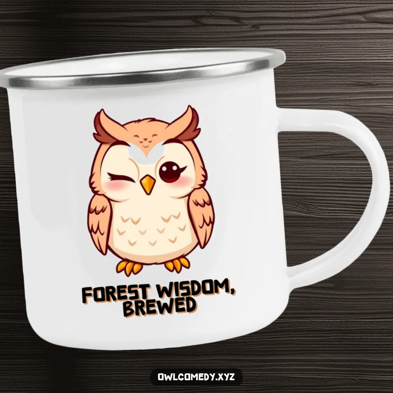 Funny Owl Camping Mug featuring a silly winking owl, designed for durability and adding humor to outdoor trips.