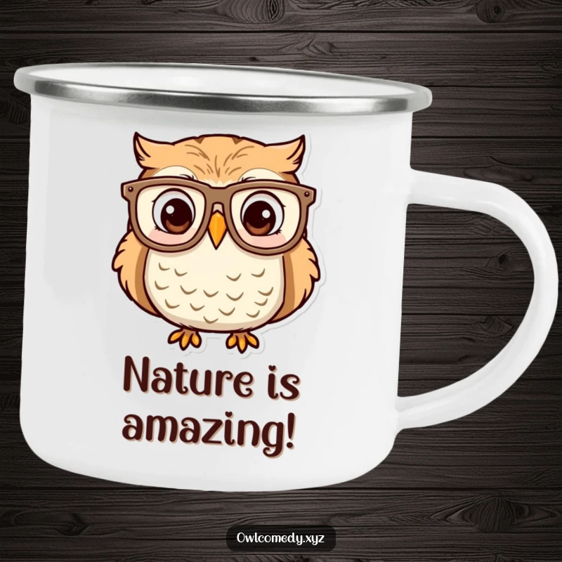 Durable enamel camping mug featuring a funny owl in oversized glasses, looking surprised and delighted. For adventurers.