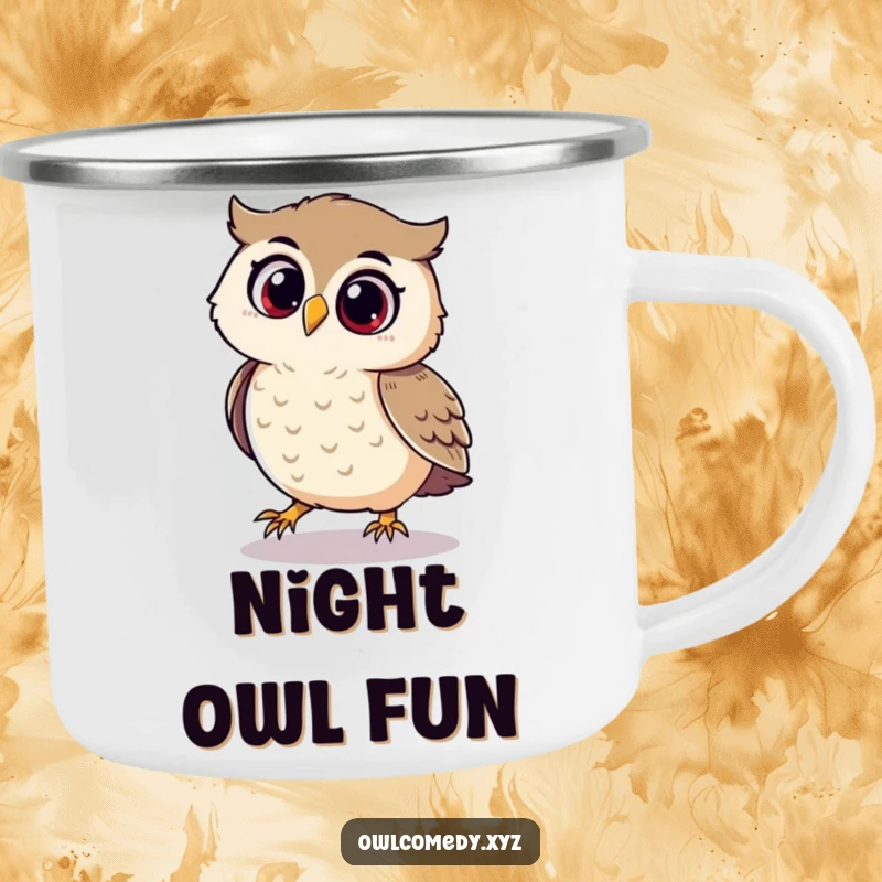 Funny camping mug with a playful owl joyfully chasing its shadow with delight.