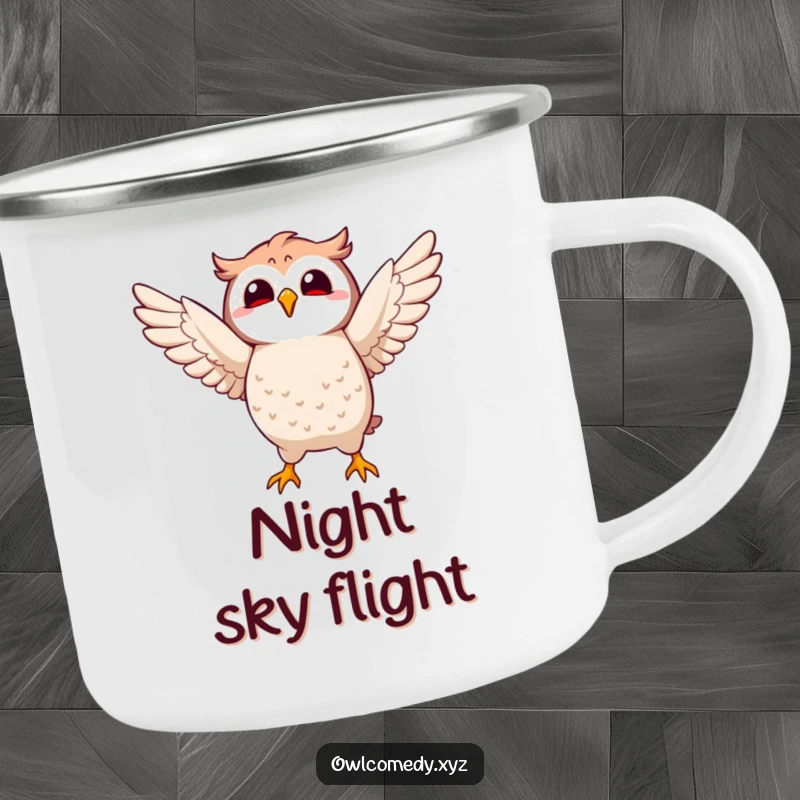 Funny Kawaii owl camping mug with a character joyfully flapping its wings, built for outdoor enjoyment and whimsical vibes.
