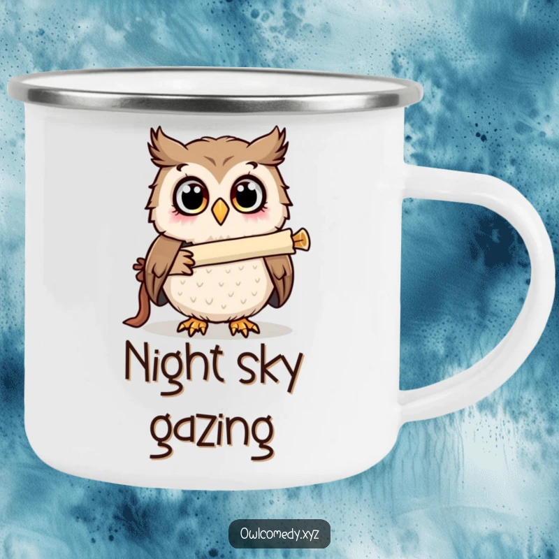 Funny surprised owl using a scroll telescope on a camping mug, wide eyes looking at the stars, perfect for outdoors.