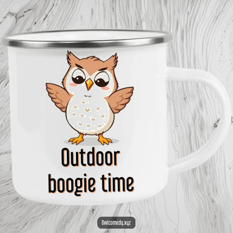 Funny Kawaii owl camping mug with a goofy grin, doing a silly dance, built for adventure and bringing joyful, humorous vibes, great outdoors gift.