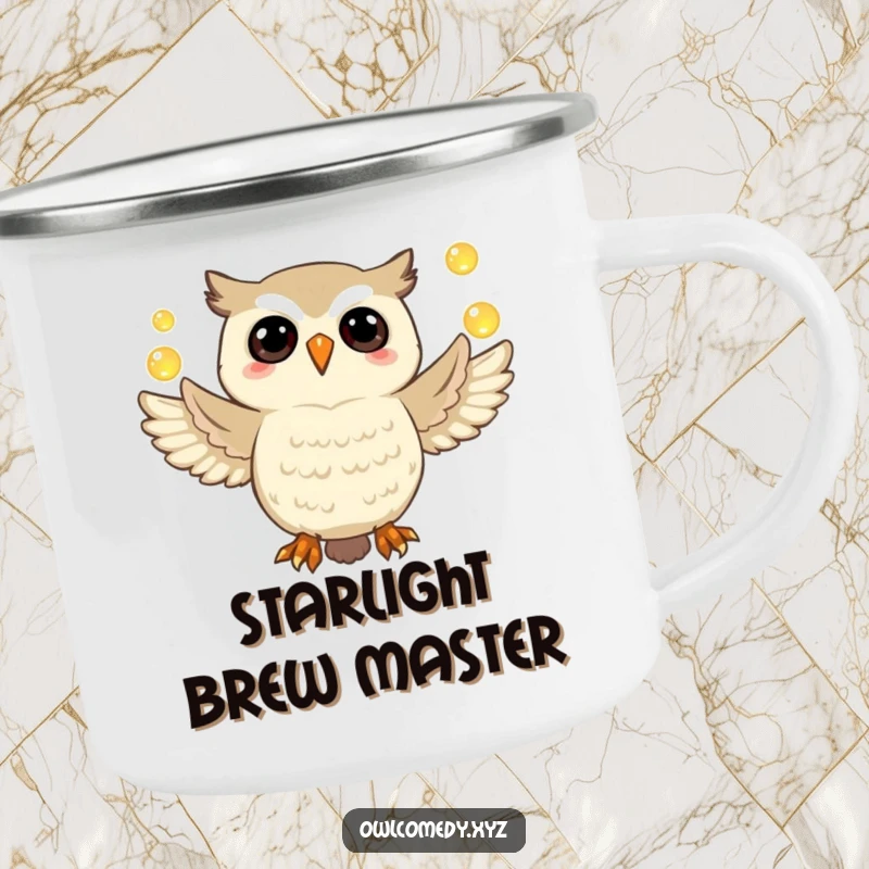 Funny owl camping mug with a jubilant owl juggling luminous orbs, durable and amusing for outdoor trips.