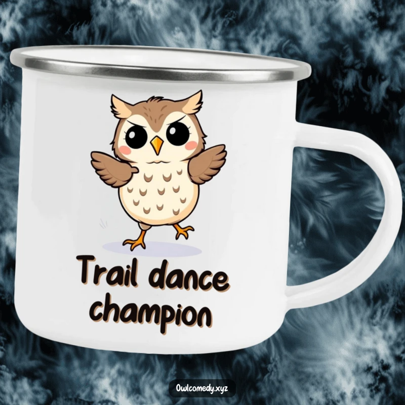 Funny kawaii owl camping mug, an owl doing a lively jig with motion lines, ready for campfire fun.