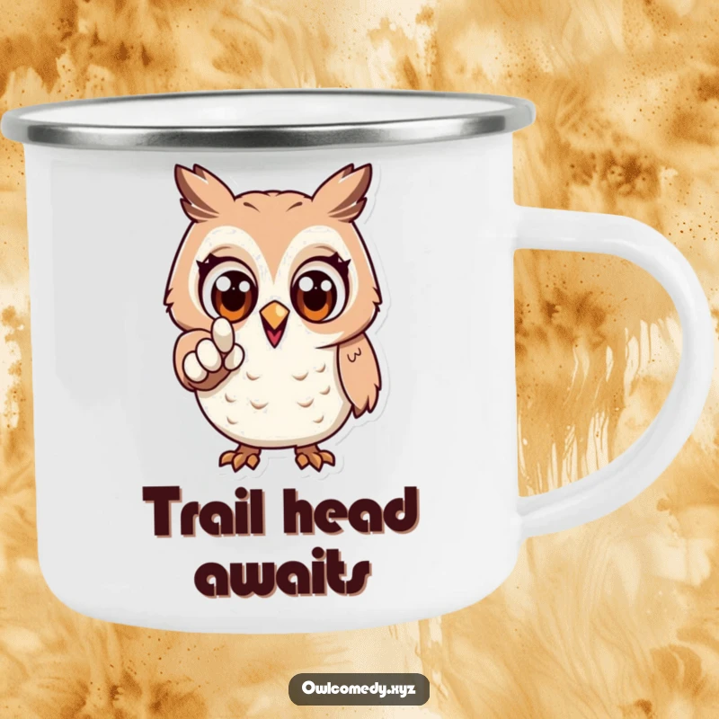 Funny durable camping mug showcasing an excited owl with wide eyes, pointing forward, ideal for adventurous spirits.