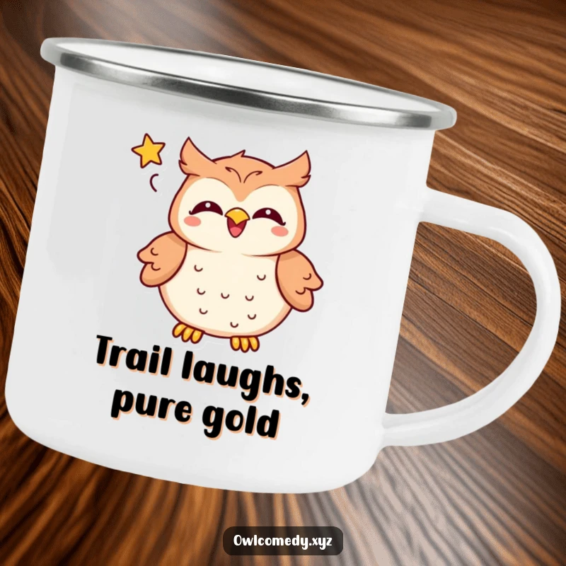 Funny kawaii owl camping mug, a delighted owl laughing with a star, perfect for outdoor and humorous gift.