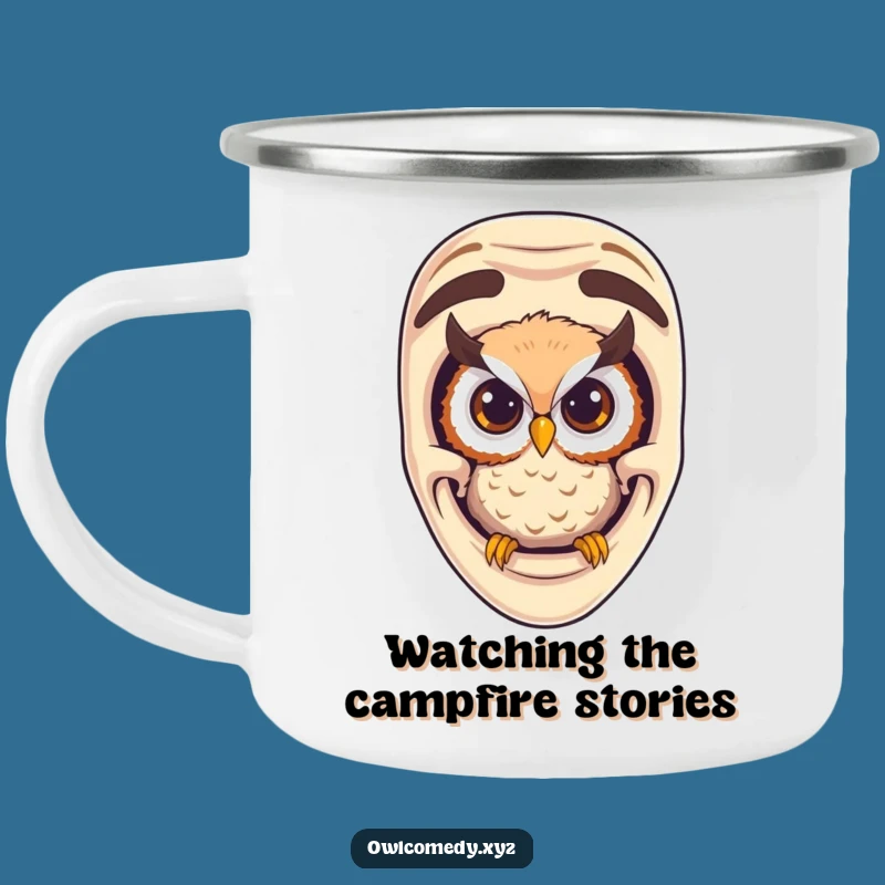 Funny Curious Owl Comedy Mask Camping Mug - Adventure Laughs & Witty Sips