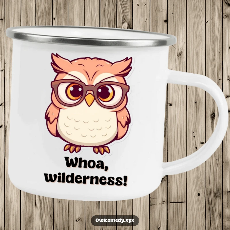 Funny Camping Mug: An owl wearing oversized glasses looks surprised, perfect for sipping beverages during outdoor excursions with a smile.