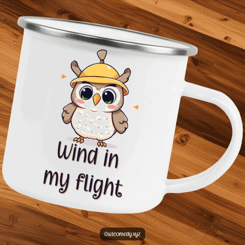 Funny kawaii owl camping mug, an owl with a wildly spinning propeller hat, looking surprised and delighted.