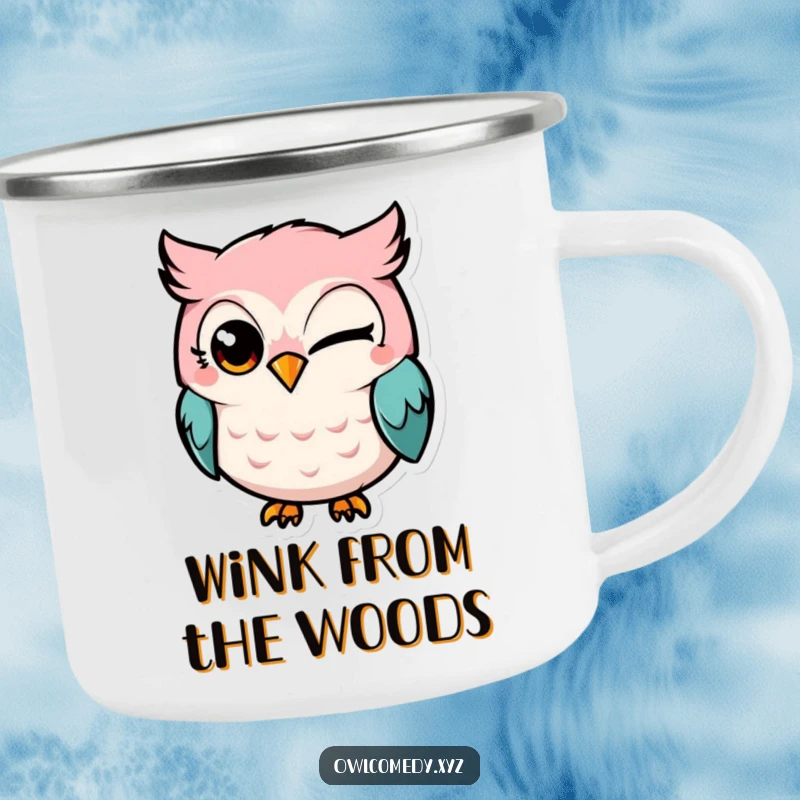 Funny Kawaii owl camping mug, owl winking mischievously, outdoor, durable, humorous, travel mug.