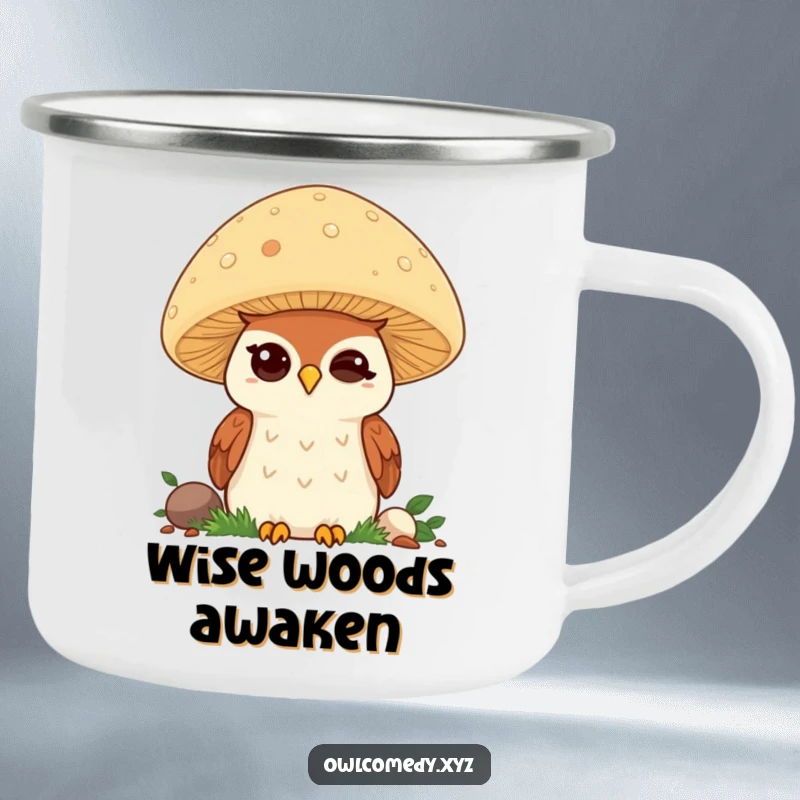 Funny Kawaii Owl Camping Mug: Cute winking owl behind mushroom for outdoor fun, a great funny gift.