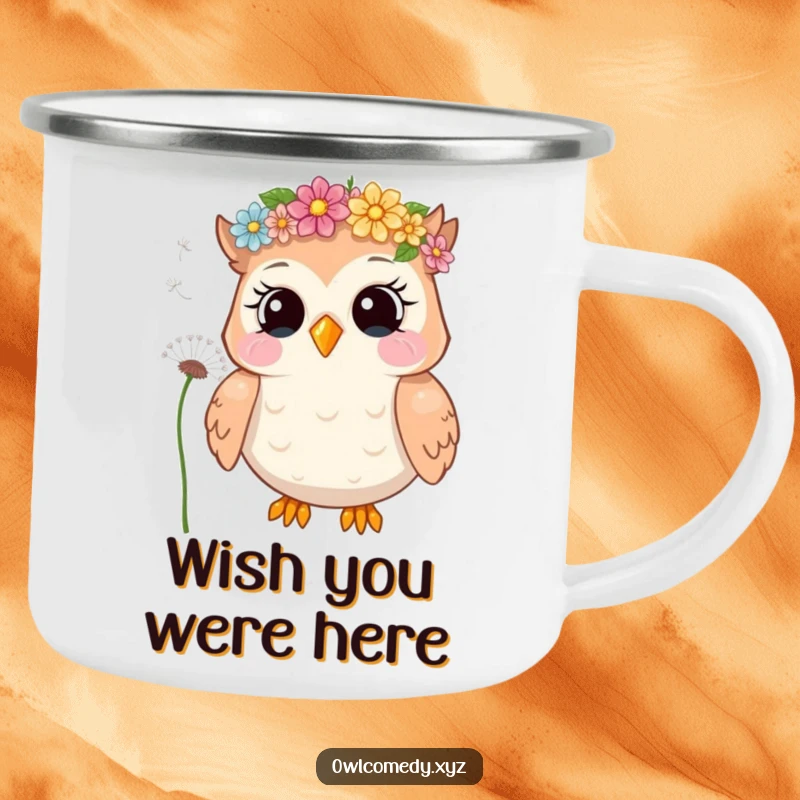 Funny camping mug with a giggling owl in a flower crown, blowing dandelion seeds, perfect for outdoor adventures and warm drinks.