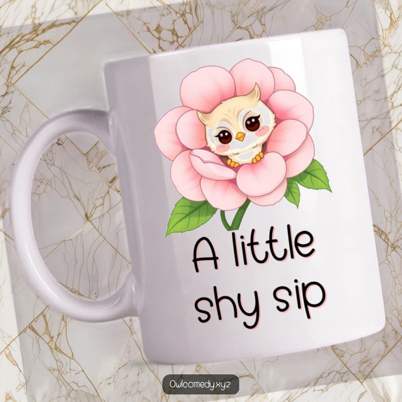 Funny shy kawaii owl mug, peeking around a giant flower with a faint blush, a heartwarming and humorous illustration.