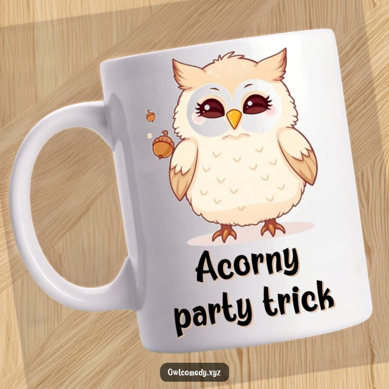 Funny mug showing a fluffy owl winking while skillfully juggling tiny acorns, a humorous and delightful gift.