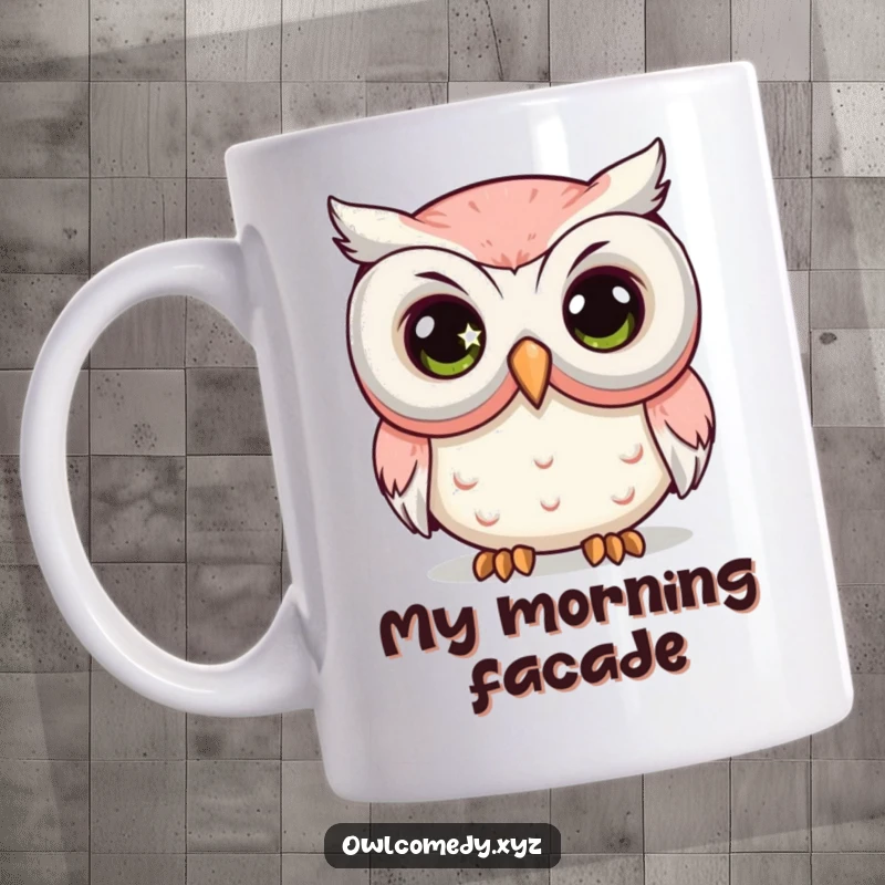 Funny Comedy Mask Owl Mug featuring a kawaii owl's large, sparkling eye peeking from behind a big comedy mask.