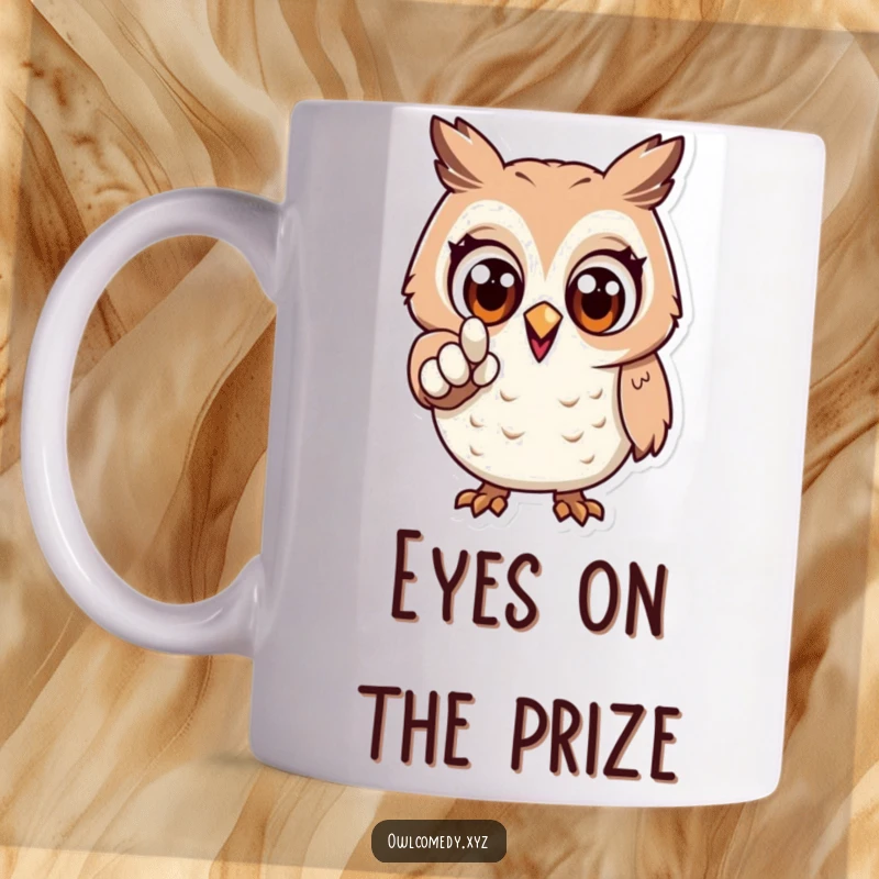 Funny mug featuring an excited owl character with wide eyes, energetically pointing forward with purpose and anticipation.