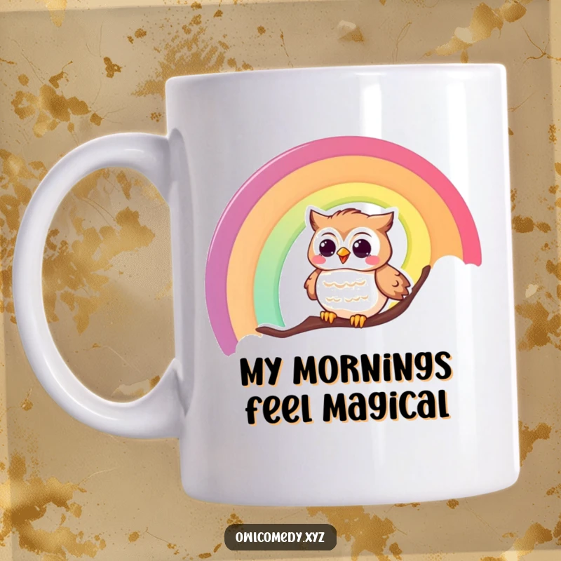 Funny mug illustration of a giggling owl gleefully sliding down a vibrant rainbow, spreading joy and laughter.