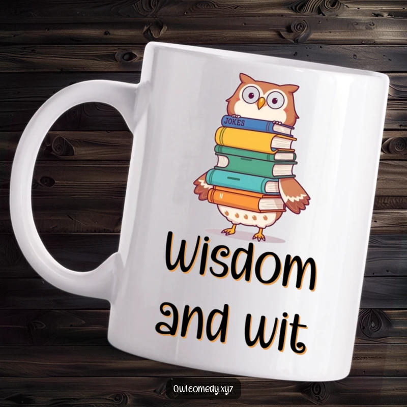 Funny owl balancing a tall stack of joke books on its head, looking focused and slightly wobbly, a witty gift.