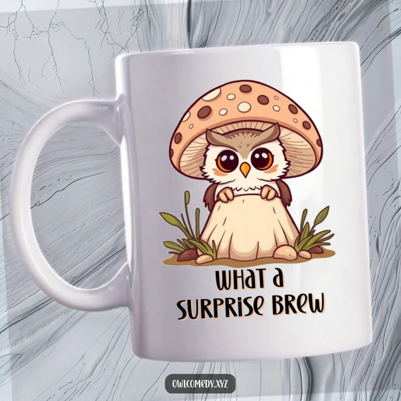 Funny curious kawaii owl peeking from behind a spotted mushroom, looking surprised, mug, woodland, discovery, cute gift.