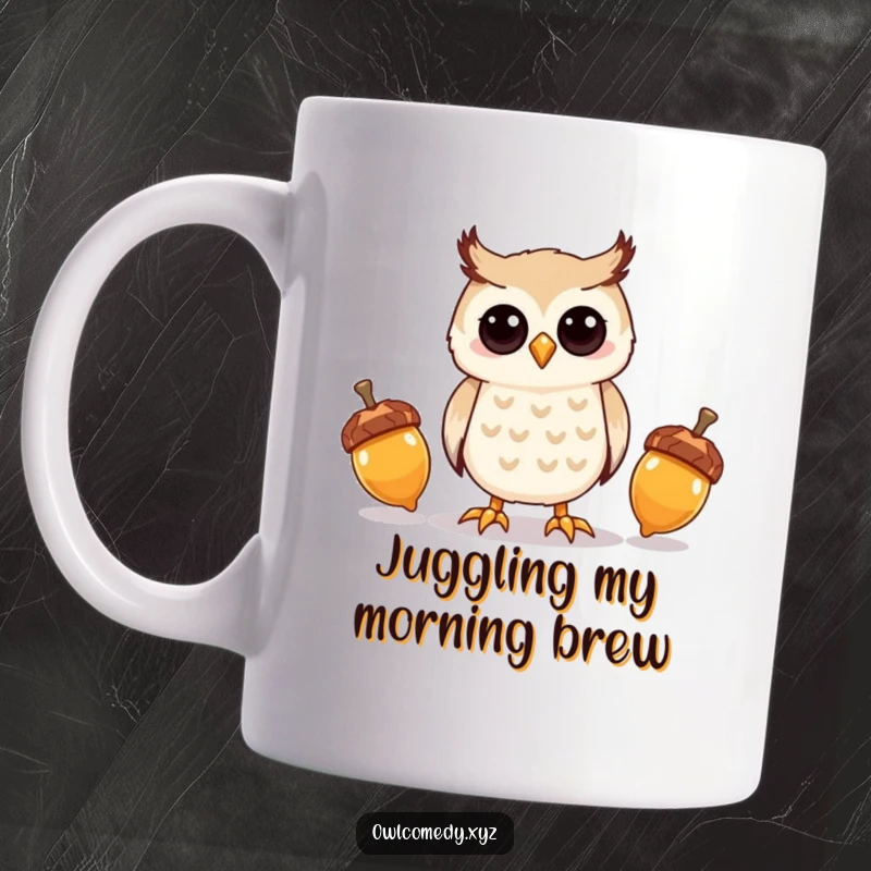 Funny kawaii owl character attempting to skillfully juggle three shiny acorns, looking focused and cute.