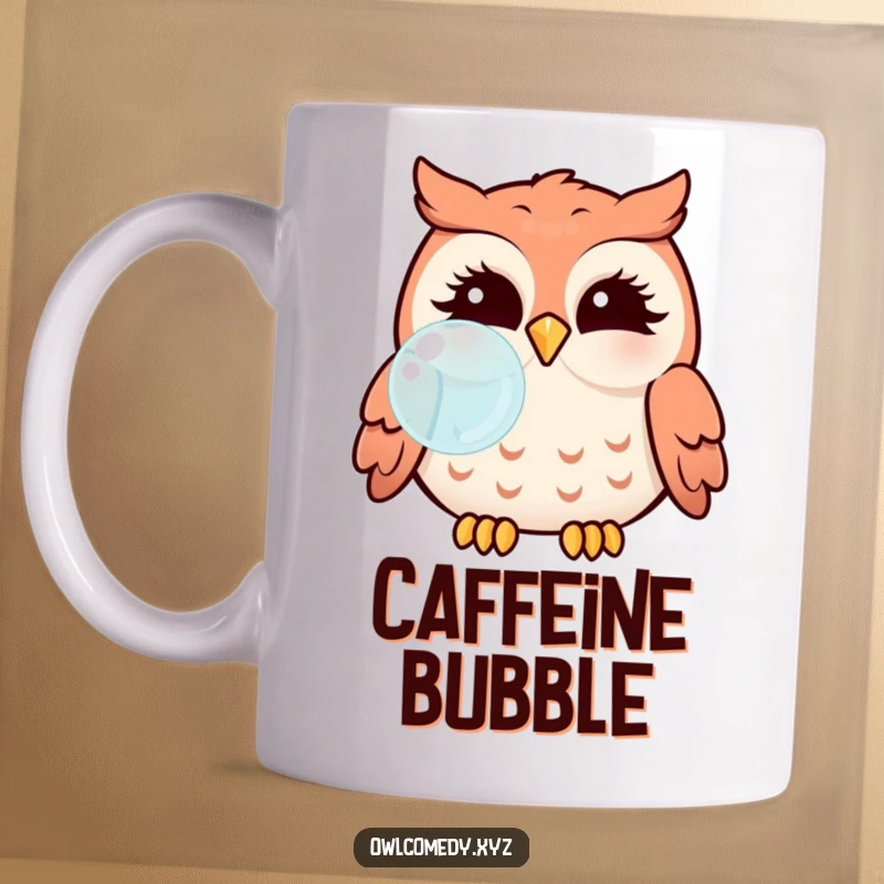 Funny Kawaii owl with puffy cheeks blowing a clear bubble on a mug, showcasing playful innocence.