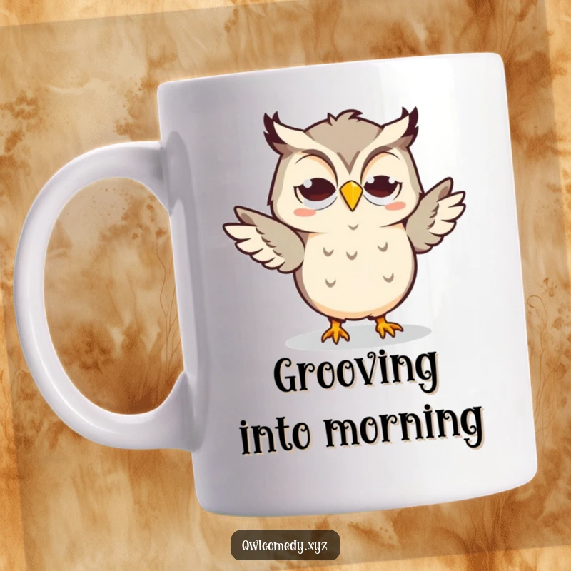 Funny Kawaii Owl Mug with a goofy grin, energetically doing a silly dance, full of joy.