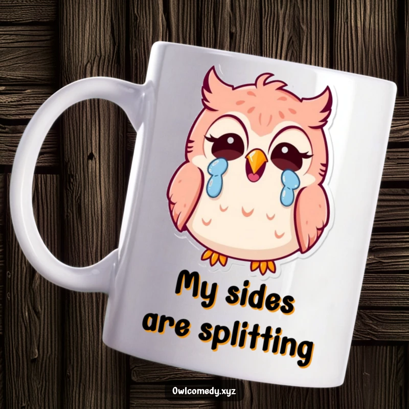 Funny Kawaii owl mug, tears streaming while laughing hysterically, expressing pure comedic joy and amusement.