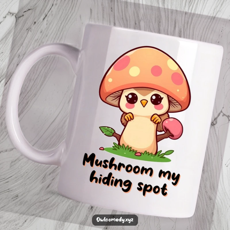 Funny kawaii owl peeking playfully from behind a large, colorful mushroom, bringing joy and whimsy to your day.