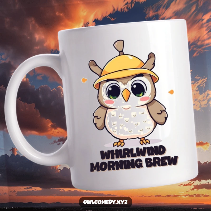 Funny kawaii owl mug, an owl wearing a propeller hat spinning wildly, looking surprised and delighted with joy.