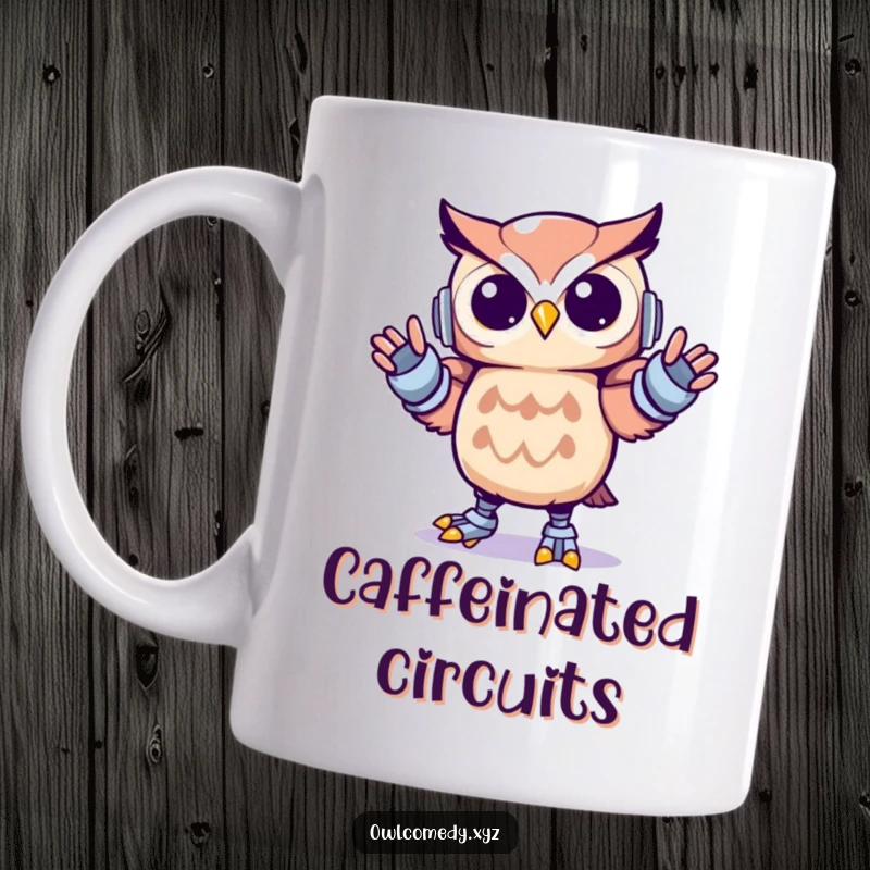 Funny Kawaii owl mug showing a cute owl performing energetic robot dance moves with stiff, robotic limbs, full of joy.