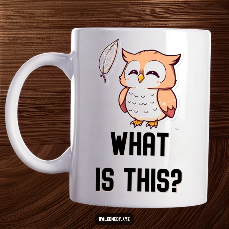 Funny Kawaii owl mug, owl looking surprised at a floating feather, wide-eyed, curious, whimsical, humorous.