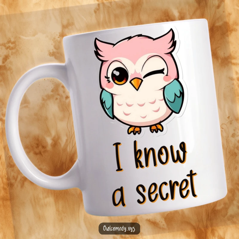 Funny Kawaii owl mug, owl with mischievous grin winking one eye, playful, cheeky, secretive, humorous.