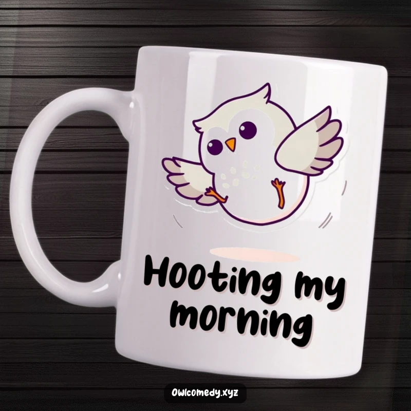 Funny Minimalist Owl Mug: A simple owl character performing a cartwheel with motion lines, conveying playful energy.