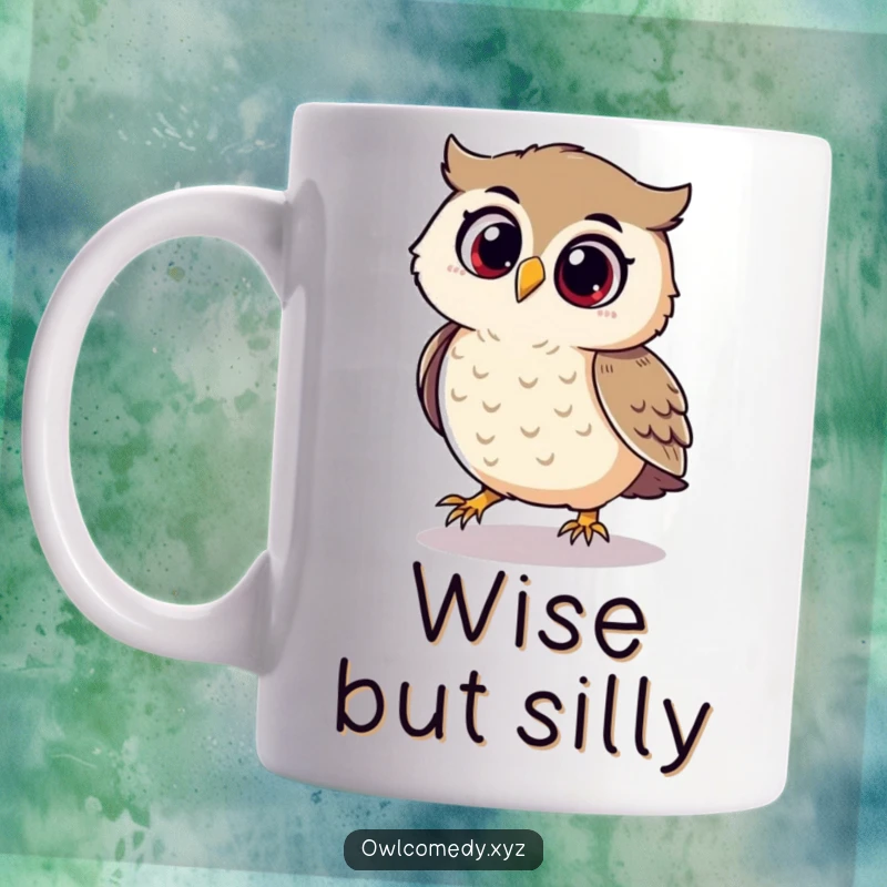 Funny mug depicting a playful owl joyfully chasing its own shadow with a delighted expression.
