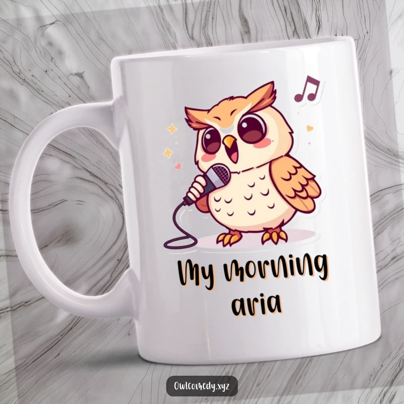 Funny mug featuring a cartoon owl character passionately singing into a microphone with energetic enthusiasm and musical notes.
