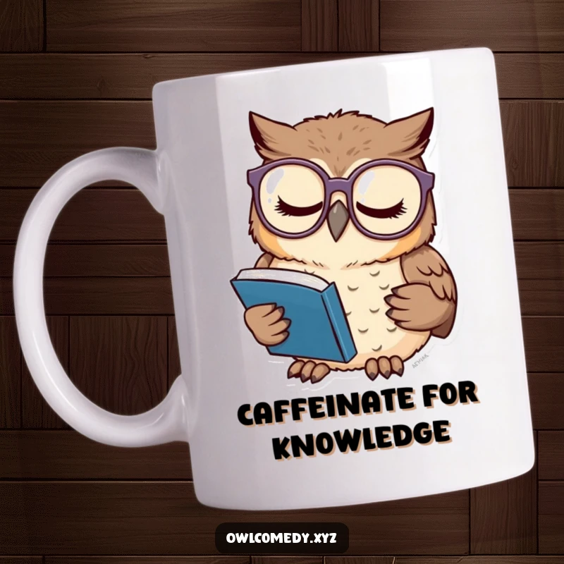 Funny mug showing a tired owl wearing large glasses, deeply focused on reading a very small book, embodying cozy studiousness.
