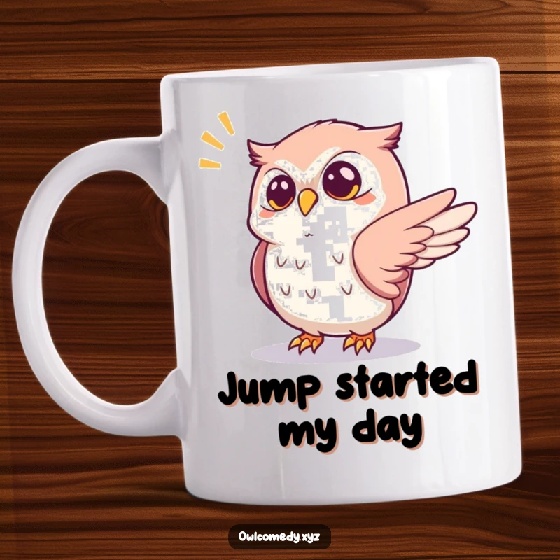 Funny startled kawaii owl mug, with one wing outstretched reacting to a popping sound, a humorous jumpy illustration.