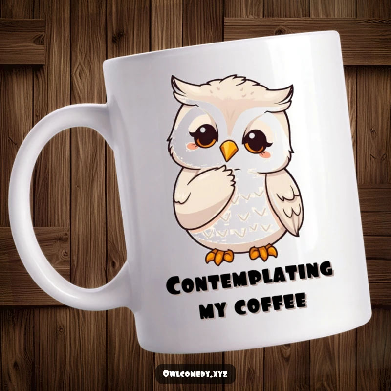 Funny mug featuring a wise owl character thoughtfully stroking its chin with one claw, appearing deep in contemplation.