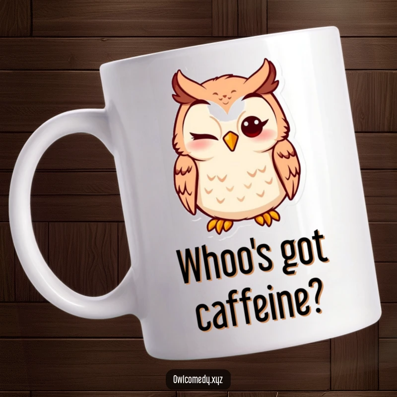 Funny Owl Mug featuring a silly owl character with a big grin, winking playfully, perfect for a coffee lover.