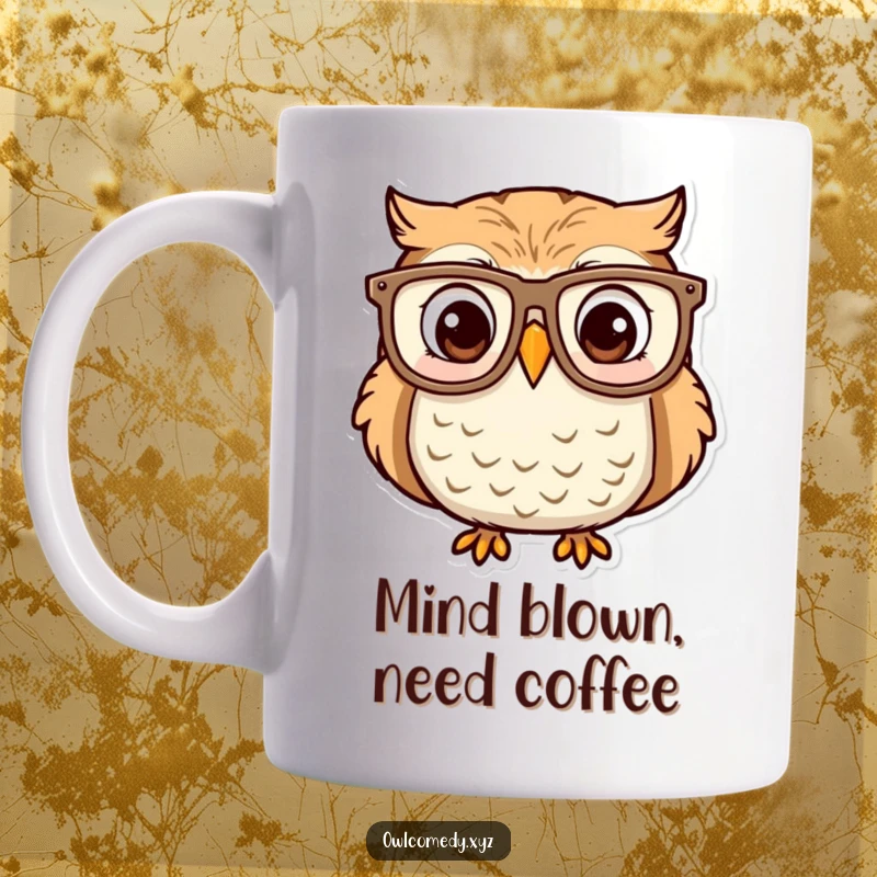 Funny owl wearing large, round glasses with a look of pure surprise and delight. A ceramic mug for owl aficionados.