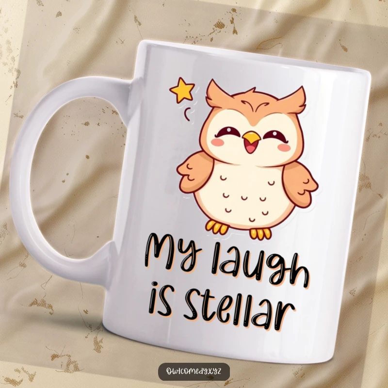 Funny kawaii owl mug with a speech bubble full of stars, laughing heartily, a perfect gift for humor enthusiasts.