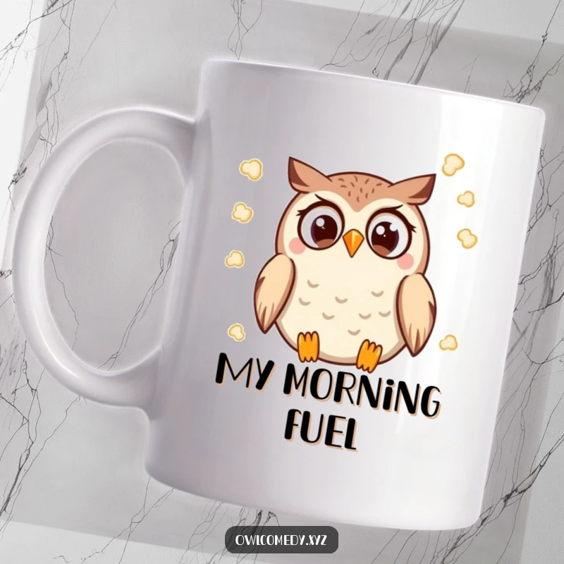 Funny Kawaii Owl Mug with wide eyes, joyfully throwing popcorn high into the air, great for movie night.